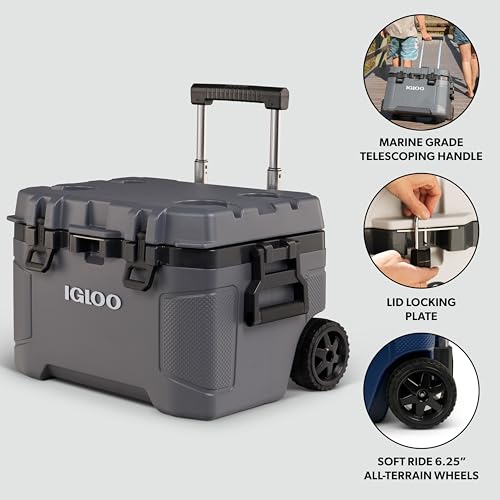 Igloo Trailmate 52 Qt Roller Cooler - Carbonite, Heavy-Duty Wheeled Ice Chest with Insulation & Accessories