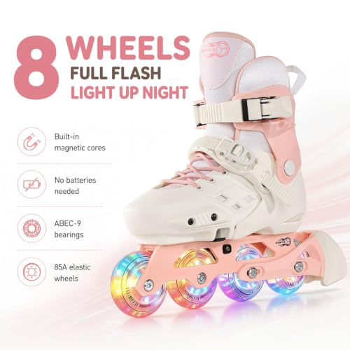 Pink Adjustable Inline Skates for Kids & Adults with Light-Up Wheels & Brake - XLarge Youth & Adult