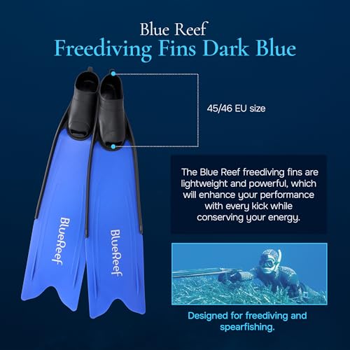 Blue Reef Freediving Fins - Full Foot Snorkel & Spearfishing Fins, Dark Blue, Size 45/46