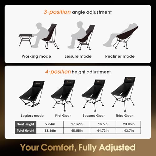 MOON LENCE Black Oversized High Back Camping Chair, Height Adjustable Folding Seat for Adults, 400 lbs Capacity