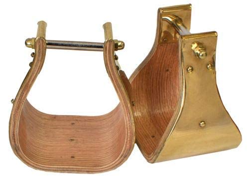 Showman Polished Brass Wood Stirrups with 5-inch Tread for Equestrian Riding