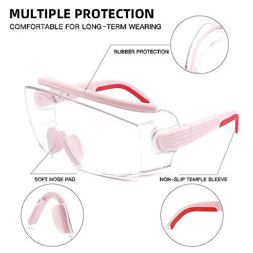 Pink Safety Glasses Over Eyeglasses Anti-Fog Protective Goggles with Adjustable Frame for Men Women - WEYMENG