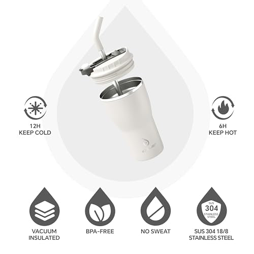 IDEUS 14 oz Insulated Stainless Steel Travel Tumbler with Lid & Straw - White