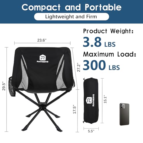 Raynesys Portable Swivel Camping Chair Black – 8 Sec Quick Setup, Lightweight & Foldable