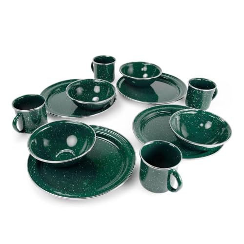 GSI Outdoors Pioneer Enamel 12-Piece Dinnerware Set for 4 People, Green