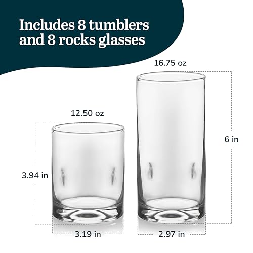 Libbey Impressions 16-Piece Clear Glass Tumbler and Rocks Glass Set - Double Old-Fashioned Drinkware