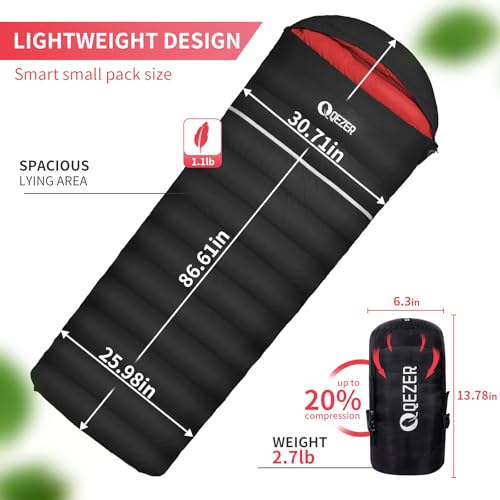 QEZER Ultralight Down Sleeping Bag for Adults - Black, 41°F-54°F, 600 Fill Power