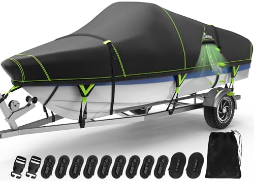 UIRWAY 22-24ft Waterproof Boat Cover with Reflective Strips, UV Resistant Marine Grade V-Hull & Tri-Hull Fit, Trailerable, Black