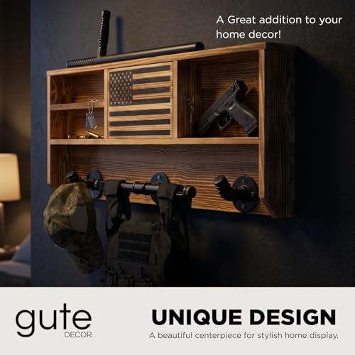 GUTE Police Wall Mounted Tactical Gear Rack with Blue American Flag & Lock - Law Enforcement Organizer