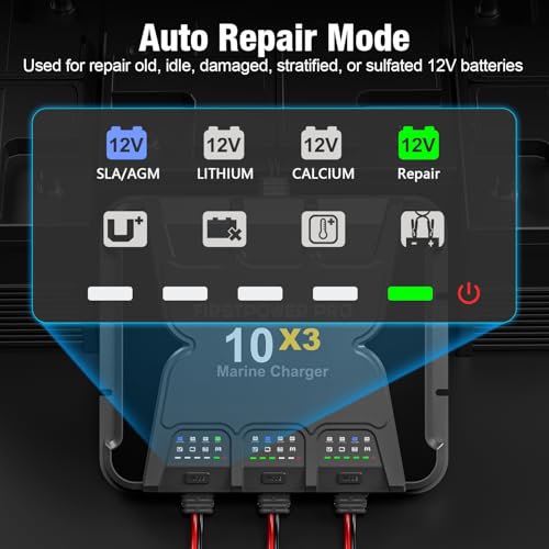 FirstPower Pro 3-Bank Marine Battery Charger 10X3, 30A, 12V Boat Charger