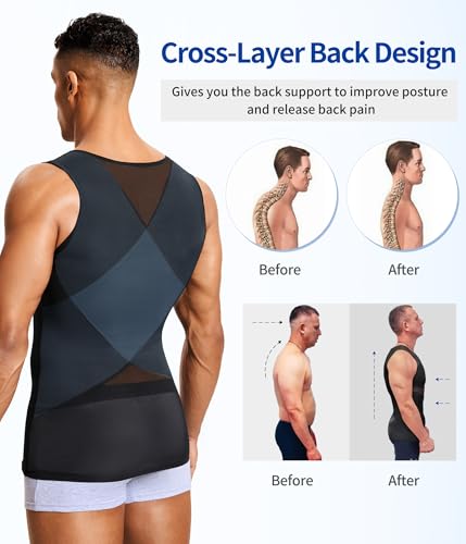 Mens Compression Tank Top Shapewear Body Shaper Vest XL Black - Tummy Control
