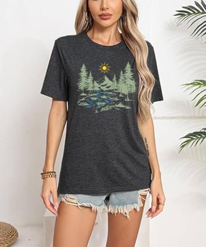 Women’s Hiking Shirt Large Dark Gray Funny Nature Sunrise Mountain Graphic Tee