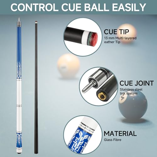 Fiberglass Pool Cue 58 Inch Professional Billiard Stick with 12.7mm Tip - Blue / 21oz