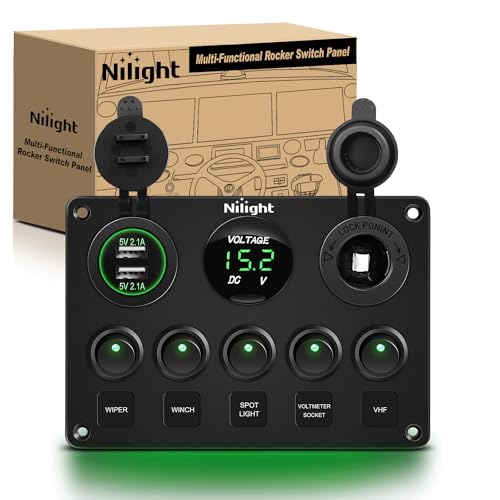 Nilight 5 Gang Multi-Function Rocker Switch Panel with USB Volt Meter Waterproof - Green
