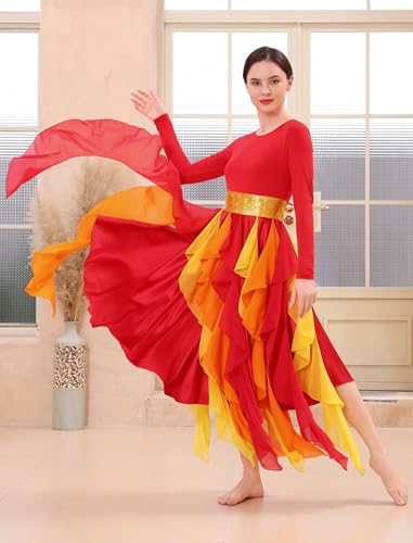 IDOPIP Metallic Praise Dance Dress for Women - Medium Red Asymmetric Ruffle Overlay Worship Costume
