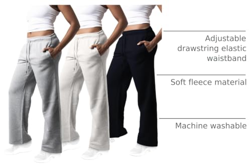 Common Stitch 3-Pack Wide Leg Fleece Sweatpants for Women - Medium, Black & Grey