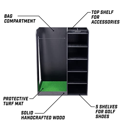 Black Wooden Golf Bag Organizer with Shelves - Storage Rack for Golf Accessories