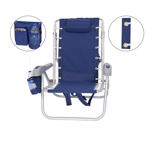 BeachMall Navy Heavy Duty Aluminum Folding Beach Chair with Cooler - 11-inch Seat Height, 5 Recline Positions, Backpack Design