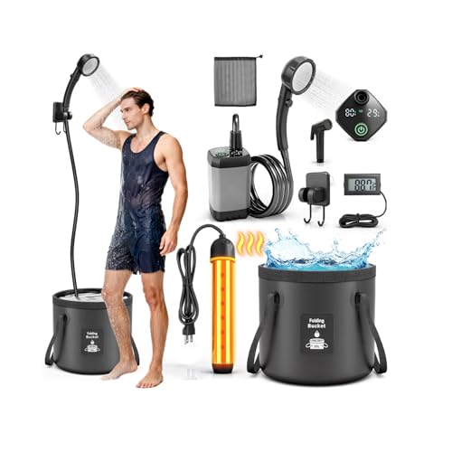 Black Portable Camping Shower with Heater 1500W, 3 Spray Modes & Rechargeable Pump