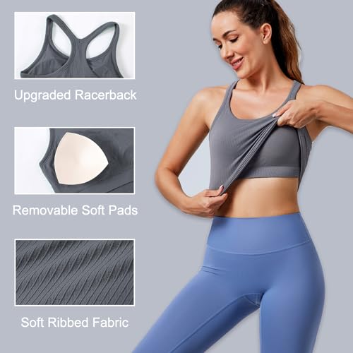 Women's Workout Tank Top with Built-In Bra Racerback Seamless Crop Top - Medium Black French Blue White 3 Pack
