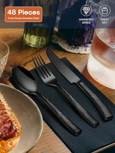 48-Piece Stainless Steel Flatware Set with Hammered Finish for 8 - Dishwasher Safe Silverware