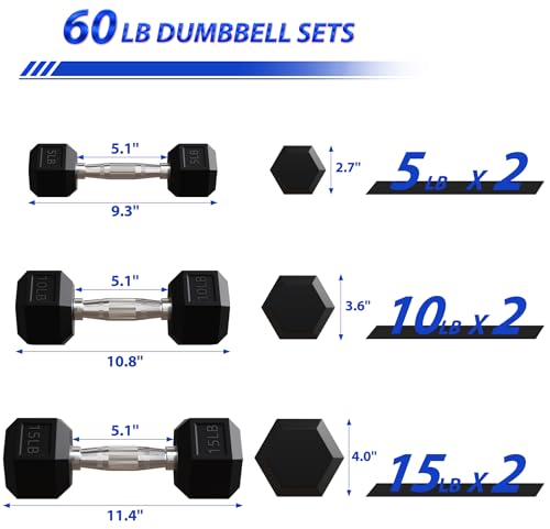 Black 60LB Signature Fitness Rubber Encased Hex Dumbbell Set with Rack