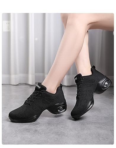 Women's Air Cushion Jazz Dance Sneakers - Breathable Mesh, Thick Sole, Black, Size 7