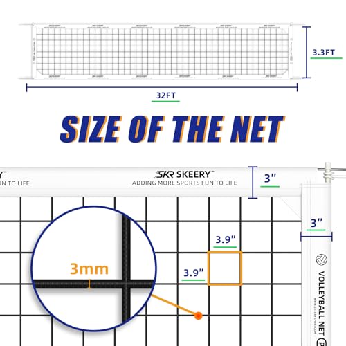 SKEERY Professional Volleyball Net 32x3.3ft, Official Size with Steel Cables & Reinforced Design