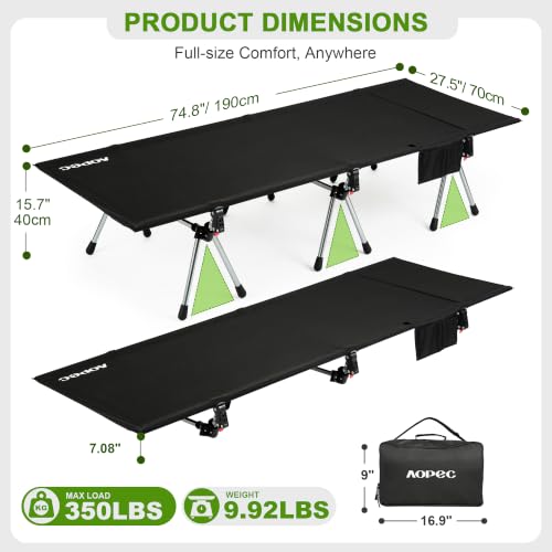 Height Adjustable Camping Cot - Heavy-Duty Aluminum Frame, 75"L x 27.5"W, Black
