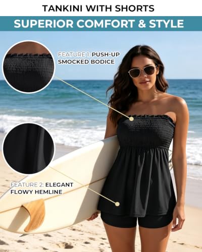 Yonique Black XX-Large Strapless Flowy Bandeau Tankini & Shorts Swimsuit Set