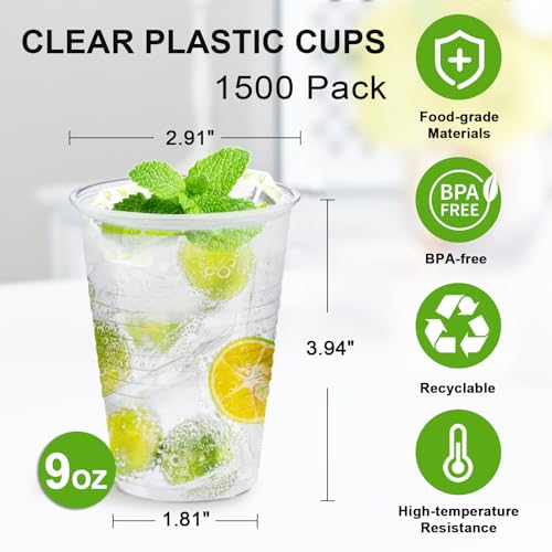 9 oz Plastic Cups - 1500 Pack Clear Disposable Drinkware for Parties & Events