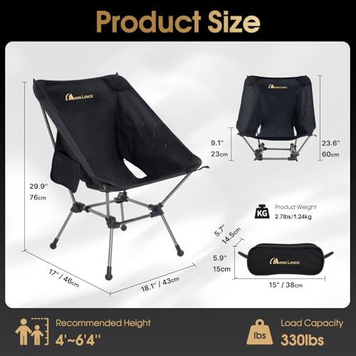 MOON LENCE Portable Camping Chair 2-Pack Black Ultralight Foldable Chair with 330Lbs Capacity