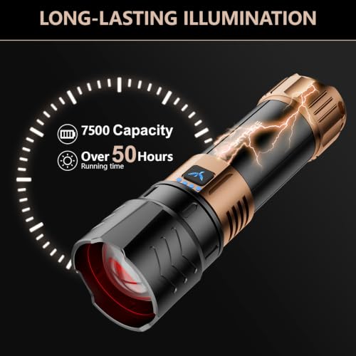 SKYFIRE Rechargeable Super Bright Tactical Flashlight SF1097-Black&Gold-Plus-Lens, 3000lm, Waterproof, Zoomable, Fire Starting, 50H Runtime