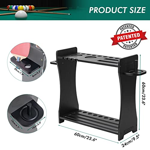 Wooden Pool Cue Rack Stand for 10 Cues & Billiard Accessories Storage