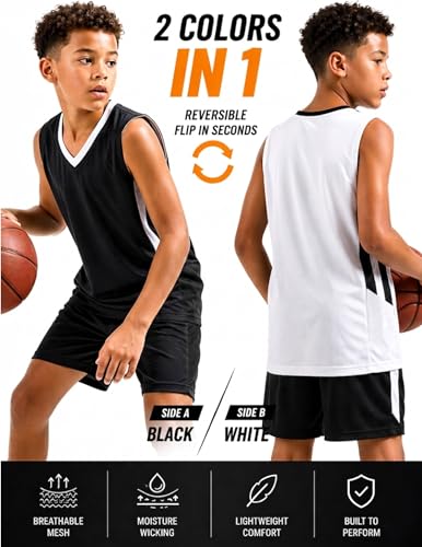 Youth Boys Reversible Basketball Jerseys Set - Large Black White 10 Pack