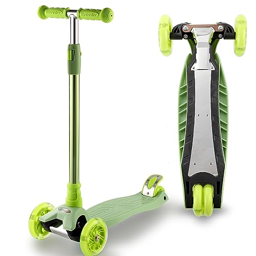 Kids 3 Wheel Scooter with Light Up Wheels, Adjustable Height, Sturdy Deck - Green