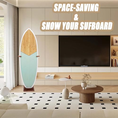 JUSTOOP Dark Brown Beech Wood Surfboard Stand Rack - Floor Standing Organizer for Shortboard & Longboard