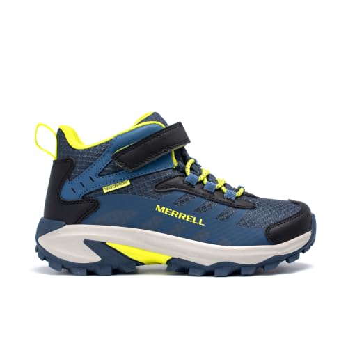 Kids Waterproof Hiking Sneakers - Merrell Moab Speed 2 Mid A/C Navy Hi Viz, Wide 7