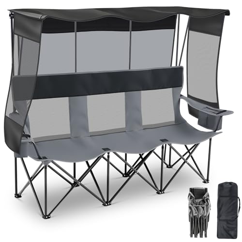 Teenyyou 3 Person Camping Chair with Canopy - Heavy Duty 990lbs Support, Black Gray
