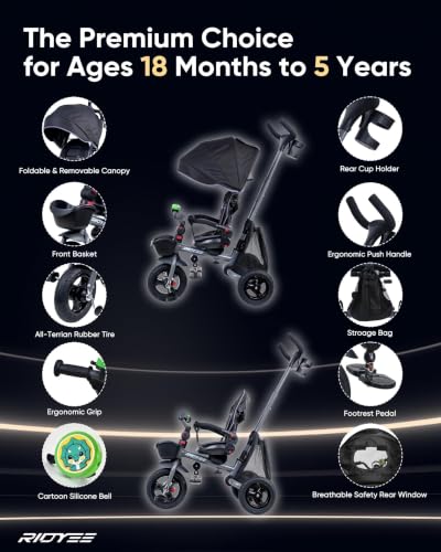 RIDYEE 8-in-1 Foldable Tricycle for Kids 1.5 to 5 Years - Grey