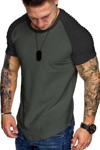 Men's Muscle T-Shirt Pleated Raglan Sleeve Gym Tee Short Sleeve Workout Shirt - Pattern3 Grey & Black
