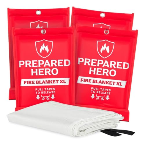 Prepared Hero XL Emergency Fire Blanket 4 Pack - Fire Safety & Heat Shield for Kitchen, Home, Car