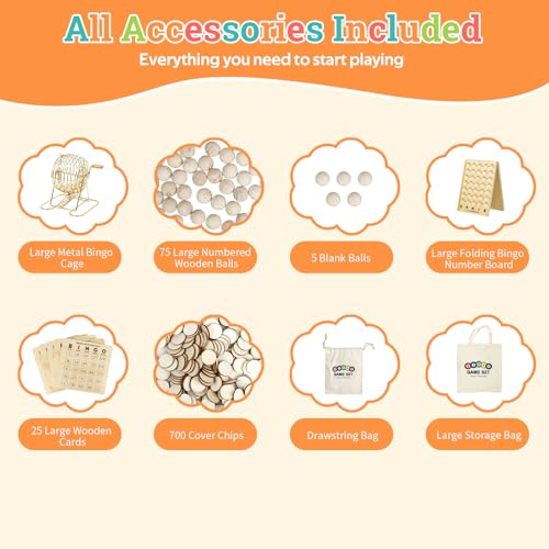 Deluxe Wooden Bingo Game Set with Metal Cage & Reusable Cards – Family & Party Game