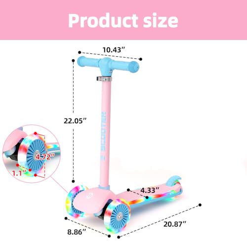 Pink Kids Scooter with Light-Up Wheels & Adjustable Height, 3-Wheel Toddler Ride-On