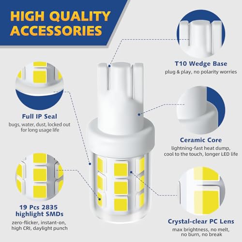 906 T10 Wedge Base Marine LED Boat Light Bulb 12-24V 6000K 2 Pack