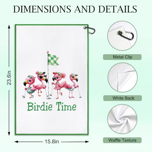 White Birdie Time Flamingo Golf Towel with Clip - Women Golf Accessories