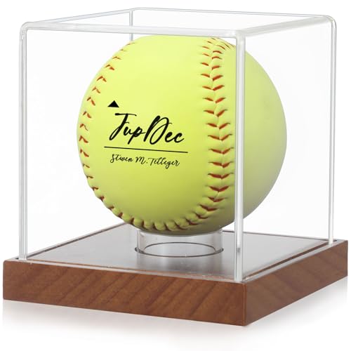 Softball Display Case Clear Acrylic Ball Holder with Wood Base - Brown, 1 Pack