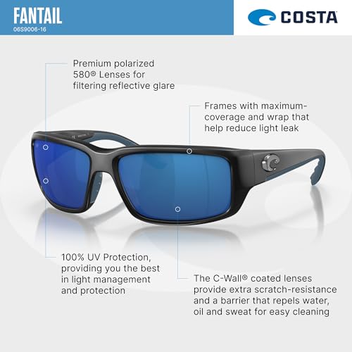 Costa Fantail Polarized Sunglasses Men Matte Black/Grey Blue Mirrored 580p, 59mm