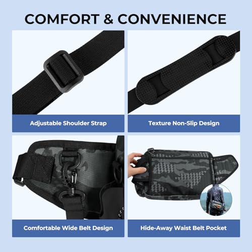 Fishing Waist Bag with Rod Holder - Black Camo, Versatile Tackle Organizer