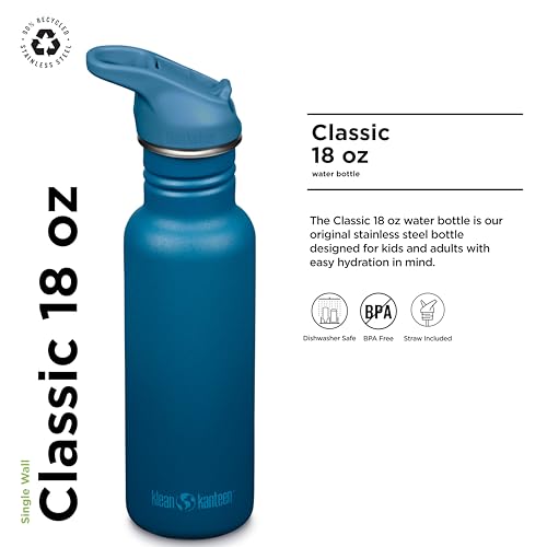 Klean Kanteen 18 oz Classic Water Bottle with Flip Seal Sport Cap - Blue - Leakproof Stainless Steel